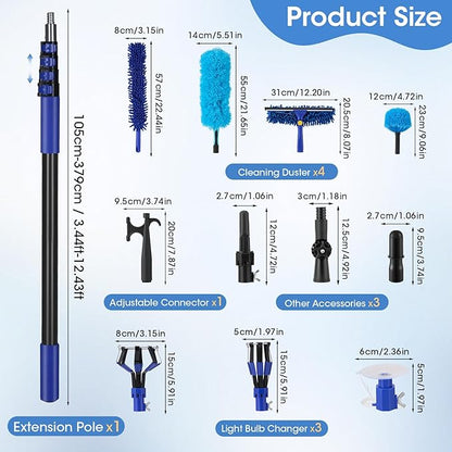 Light Bulb Changer for High Ceilings, 3.4-12.4FT Extension Pole Telescopic Extension Poles for Cleaning, Ceiling Fan Cleaner Duster Kit with Baskets, Suction Cup, Plush Brush for Roof Window Cleaning
