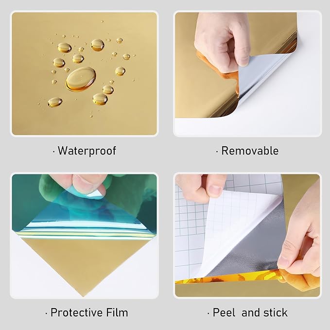 Wallercity Flexible Gold Mirror Sticker Peel and Stick Mirrors Wallpaper Self Adhesive Mirrors Sheet Stickers Golden Contact Paper for Glass Vinyl Wall Paper for Cuttable Mirror Sheets 15.8''x118''