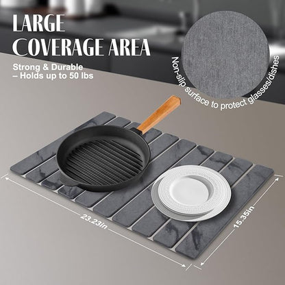 Large Stone Dish Drying Mats for Kitchen Counter, 24"(L)×16"(W) Marble Pattern, Quick Dry Collapsible Dish Drying Mat, Eco-Friendly Absorbent Diatomaceous Earth Mat for Dishes Bottles Cups - Dark Gary