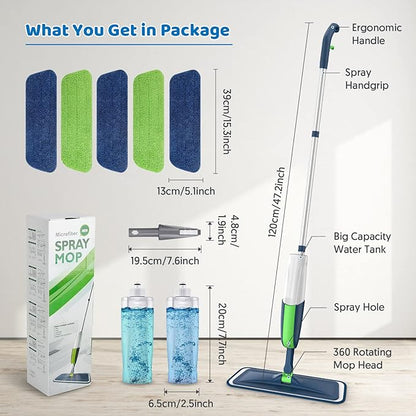 Spray Wet Mops for Hardwood Floor Cleaning: MEXERRIS Floor Mop with 5 Washable Pads for Swiffer Powermop & 2 Refillable Bottles - Home Commercial Dust Dry Mops for Wood Laminate Vinyl Tiles Ceramic