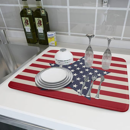 Blue Star Patriotic July of 4th Dish Drying Mat for Kitchen Counter 18x24 Independence Day Red Striped Absorbent Reversible Microfiber Drying Mats Kitchen Countertop Protector Dishes Drainer Rack Pad