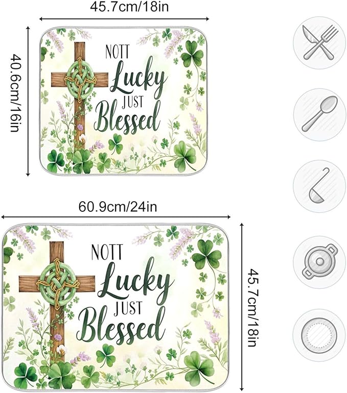 St.Patrick Days Dish Drying Mat for Kitchen Countertop 18x24 Green Shamrock Blessed Cross Large Drying Mat Reusable Quick Dry Dish Sink Mats Easy Clean Decorative Essentials