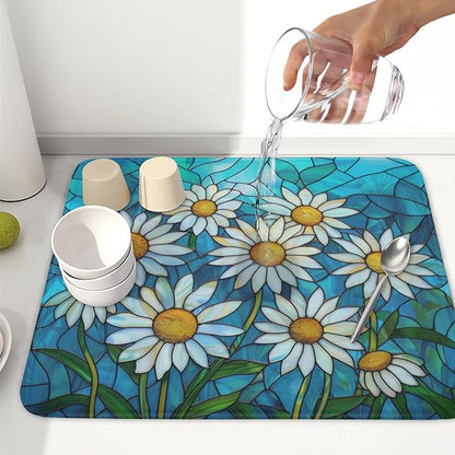 Daisy Drying Mat 18x16 Inch, Summer Spring Drying Mat with Absorbent Reversible Microfiber, Rustic Flowers Dish Drainer Mats Floral Rack Pad for Coffee Countertop Kitchen Protector