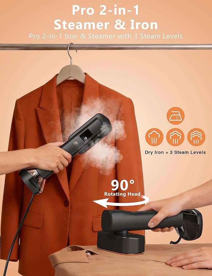 Steamer for Clothes,Portable Handheld Garment Steamer, 200ml Capacity,1000W 15s Fast Heat-UP, Leak-Proof Fabric Quick Wrinkle Remover Ceramic Panel, 2-in-1 Dry & Wet Iron for Home and Travel -Golden