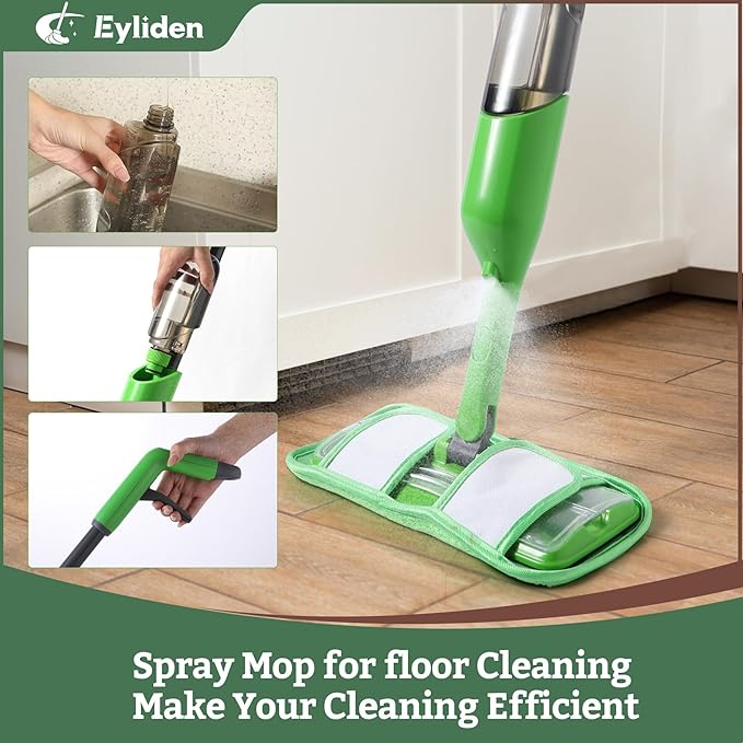 Eyliden Spray Mop for Small Spaces - 360° Swivel Mop with 12 Disposable Cloths, 1 Reusable Pad, 13oz Refillable Bottle | Perfect for Apartments, Dorms & Compact Living
