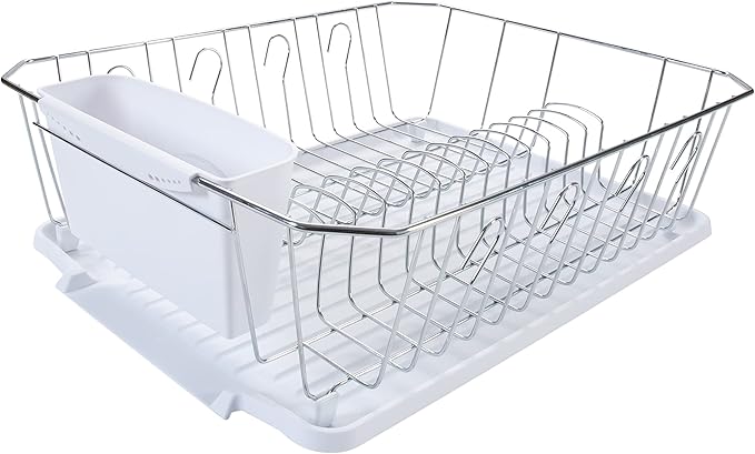 Kitchen Details 3 Piece Dish Rack | Drying Rack, Cutlery Basket & Drainboard Tray | Countertop | Self Draining | Open Wire Design | Chrome | White
