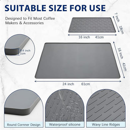 Silicone Coffee Mat 24" x 16", Heat Resistant Non Slip Leak Proof with Concave Convex Design & Detachable Drying Layer, Coffee Bar Mat for Espresso Machine, Coffee Maker Countertops (Gray)