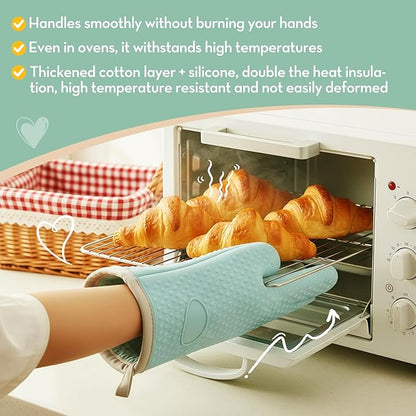 Silicone Oven Mitts Heat,1 Pair Non-Slip Five-Finger Oven Gloves, Waterproof Flexible BBQ Grilling Gloves with Hanging Loops, Kitchen Mitts for Baking Cooking Frying (White)