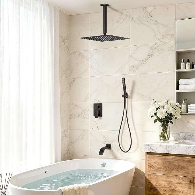 Oil Rubbed Bronze Shower System with Tub Spout, Ceiling Mounted Bathtub Shower Faucet Set, 12" Rainfall Shower Head and Handheld Shower Combo, High Pressure Shower Fixtures Set with Rough-in Valve