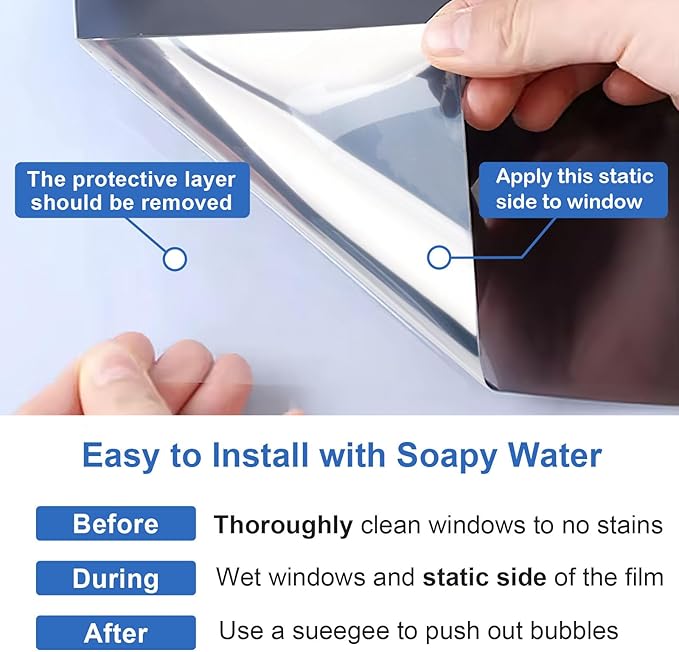 One Way Window Privacy Film See Out Not in, Window Tint for Home, Reflective Mirror Glass Windows Coverings Sun Heat UV Blocking, Silver, 29.5 inch x 78.74"