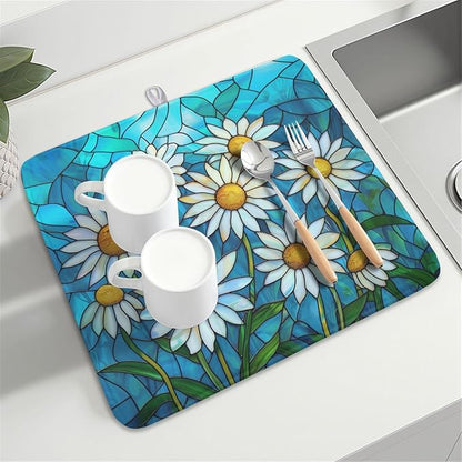 Daisy Drying Mat 18x16 Inch, Summer Spring Drying Mat with Absorbent Reversible Microfiber, Rustic Flowers Dish Drainer Mats Floral Rack Pad for Coffee Countertop Kitchen Protector