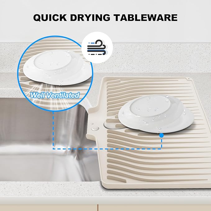 Silicone Dish Drying Mat for Kitchen Countertops and Sinks,19 x13.7 Inch Non Slip Heat Resistant Mat with Built In Drainage System,For Refrigerator and Drawer Liners (Creamy-white, 19 x13.7 Inch)