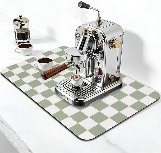 CooRug Checkered Dish Drying Mat for Kitchen Counter, Absorbent Non-Slip Coffee Mat, Heat Resistant Mat for Countertops Coffee Bar Decor 16" x 24" Green