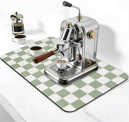 CooRug Checkered Dish Drying Mat for Kitchen Counter, Absorbent Non-Slip Coffee Mat, Heat Resistant Mat for Countertops Coffee Bar Decor 12" x 20" Green