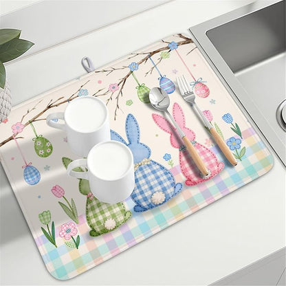 Easter Bunny Dish Drying Mat for Kitchen Counter 18 x 24 Inch Rabbit Eggs Dish Drainer Mat Absorbent Microfiber Dish Rack Pad for Spring Holiday Coffee Dining Bar Decor