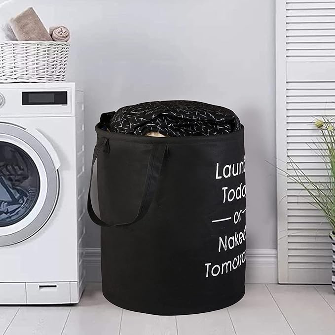 45L Waterproof Laundry Basket – Collapsible Canvas Clothes Hamper with Handles for Toy Storage, Laundry Room, Dorm & Nursery – Black Organizer Bin (8.86x6.1x7.28 in)