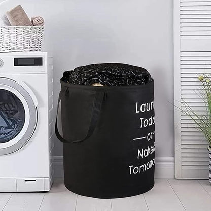 45L Waterproof Laundry Basket – Collapsible Canvas Clothes Hamper with Handles for Toy Storage, Laundry Room, Dorm & Nursery – Black Organizer Bin (8.86x6.1x7.28 in)