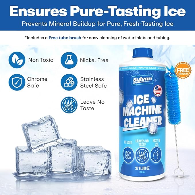 Sylvan Ice Machine Cleaner and Descaler | 32 oz (8 uses) | Free Cloth | Made in USA | Nickel Safe Ice Maker Cleaner and Descaler | Universal Compatibility for Commercial & Residential Ice Makers