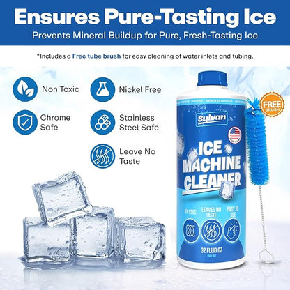 Sylvan Ice Machine Cleaner and Descaler | 32 oz (8 uses) | Free Cloth | Made in USA | Nickel Safe Ice Maker Cleaner and Descaler | Universal Compatibility for Commercial & Residential Ice Makers