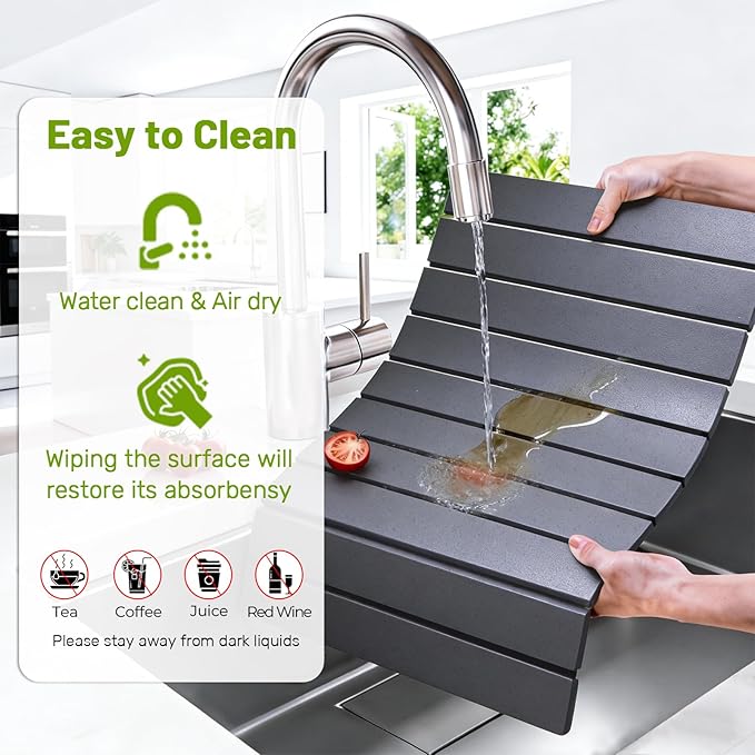 Large Stone Dish Drying Mat for Kitchen Counter, Foldable Diatomaceous Earth Drying Mat, Quick Water Absorbing Eco-Friendly Mat for Dishes, Dark Gray