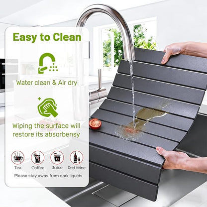 Large Stone Dish Drying Mat for Kitchen Counter, Foldable Diatomaceous Earth Drying Mat, Quick Water Absorbing Eco-Friendly Mat for Dishes, Dark Gray