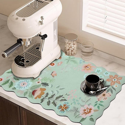 Scalloped Bohemian Coffee Bar Mat Dish Drying Mats for Kitchen Counter, Kitchen Decor,(16"x24", Green)