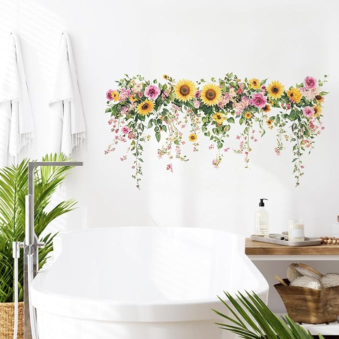 Sunflower Wall Stickers Vinyl Flower Wall Decals Peel and Stick Wall Murals Art Decor Wallpaper for Girls Bedroom Living Room Kitchen Tv Background