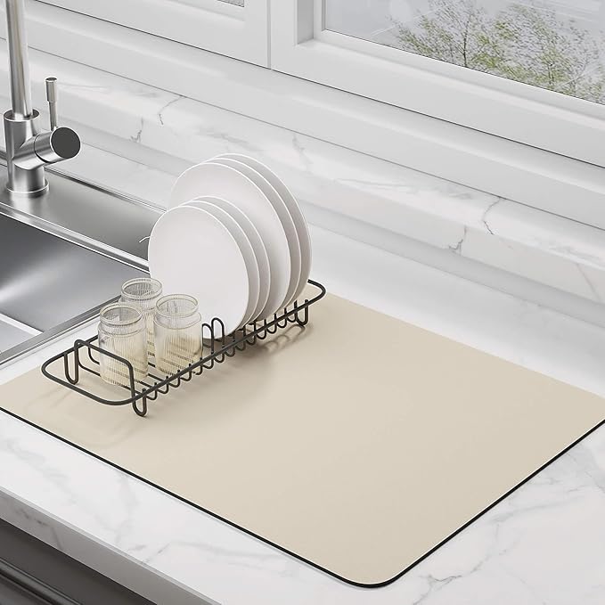 Dish Drying Mat for Kitchen Counter Super Absorbent Drainer Mats with Non-slip Rubber Backed Hide Stain Heat Resistant Easy to Clean Dish Rack Mat (Beige, S-14"x11")