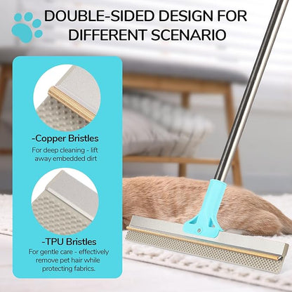 Carpet Rake for Pet Hair Removal, 2 in 1 TPU and Copper Rake Teeth, Adjustable Long Handle, Double-Sided Reusable Dog Cat Fur Remover with Hair Removal Glove, Pet Fur Rake for Rugs, Mats