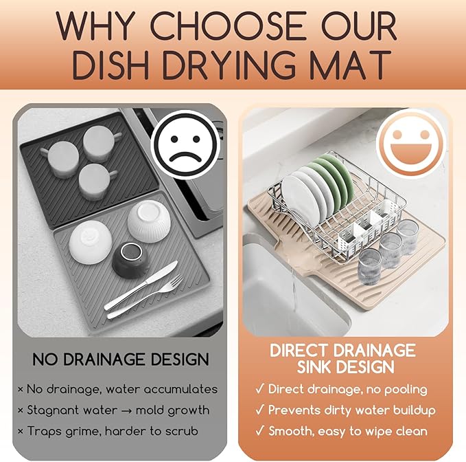 Large Premium Silicone Dish Drying Mat for Kitchen Counter - 18.5"x13" Non-Slip, Heat-Resistant (450°F) with Fast Drain & Hanging Hole, Multi-Use Kitchen Sink Drying Mat (Beige)