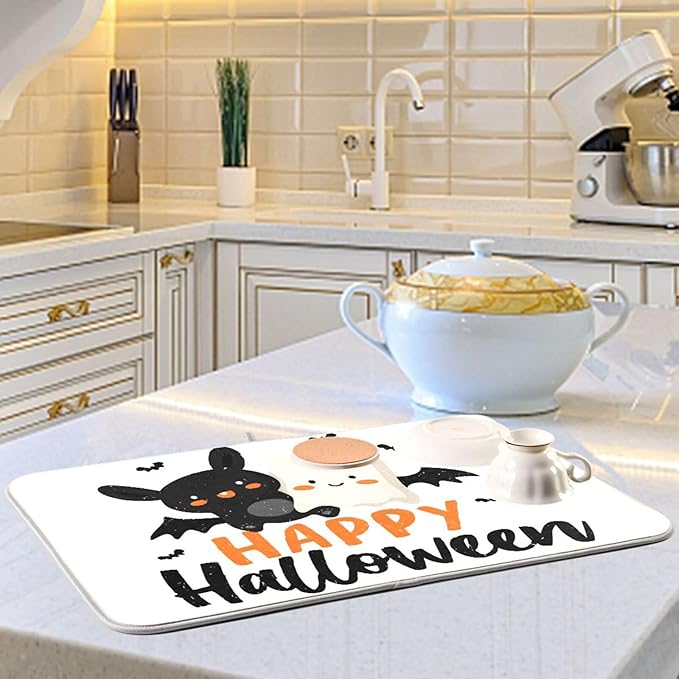 Happy Halloween Dish Drying Mat for Kitchen Counter Super Absorbent Drying Mat 16x18 inch Large Dish Drying Matts for Countertop Protector Dishes Pad