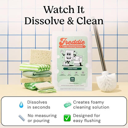 Freddie Toilet Cleaner Sheets - Fresh Pines Scent - Plastic Jug-Free Alternative to Liquid Cleaners - 32 Dissolvable Cleaning Strips