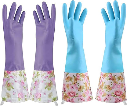KINGFINGER Dishwashing Cleaning Gloves, 2 Pairs Reusable Rubber Gloves PVC Latex-Free Waterproof Long Cuff and Flock Lining Household Cleaning Glove(Blue + Purple)