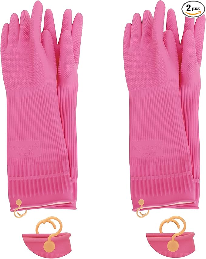 Myungjin 2 Pairs Reusable Waterproof Non-Slip Honeycomb Grip Latex Rubber Gloves with Hang-Dry Hooks/Hanging Loops for Dishwashing Household Cleaning Cooking (Large)