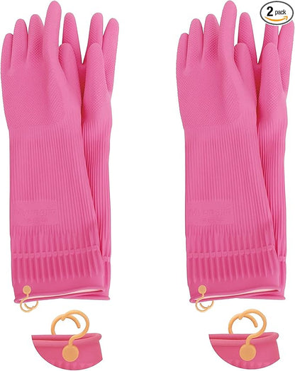 Myungjin 2 Pairs Reusable Waterproof Non-Slip Honeycomb Grip Latex Rubber Gloves with Hang-Dry Hooks/Hanging Loops for Dishwashing Household Cleaning Cooking (Large)