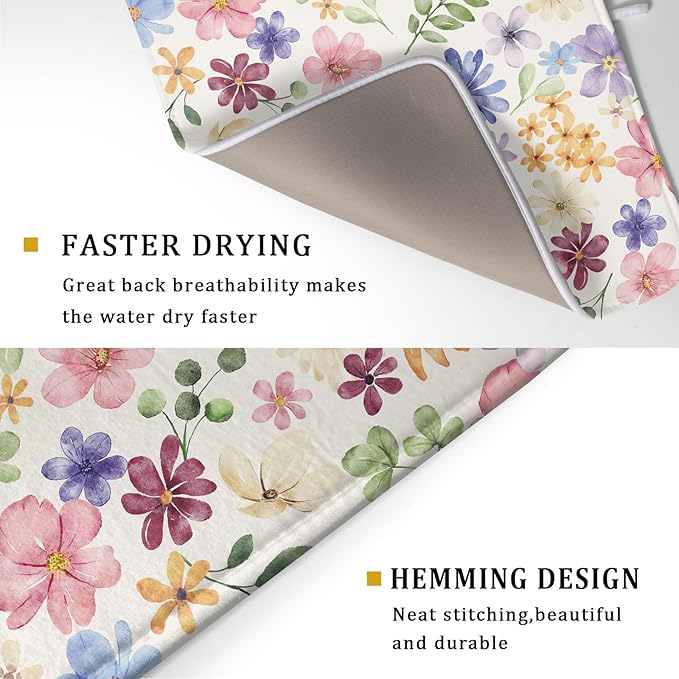 Spring Floral Dish Drying Mat for Kitchen Counter 18x24 Easter Green Pink Purple Blue Cute Flower Print Absorbent Reversible Microfiber Drying Mats Kitchen Countertop Protector Dishes Drainer Pad