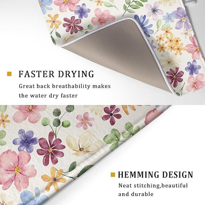 Spring Floral Dish Drying Mat for Kitchen Counter 18x24 Easter Green Pink Purple Blue Cute Flower Print Absorbent Reversible Microfiber Drying Mats Kitchen Countertop Protector Dishes Drainer Pad