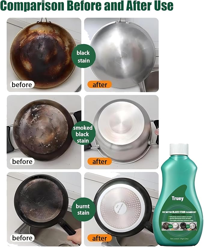 Truey Pot Bottom Black Stain Cleaner Set,Pot and Pan Bottom Cleaning Paste,Powerful Kitchenware Cleaner, Cooktop Pot Cleaner Effortless for Burned Cookware,Multi-purpose Oil Stain Remover (150g) (1)