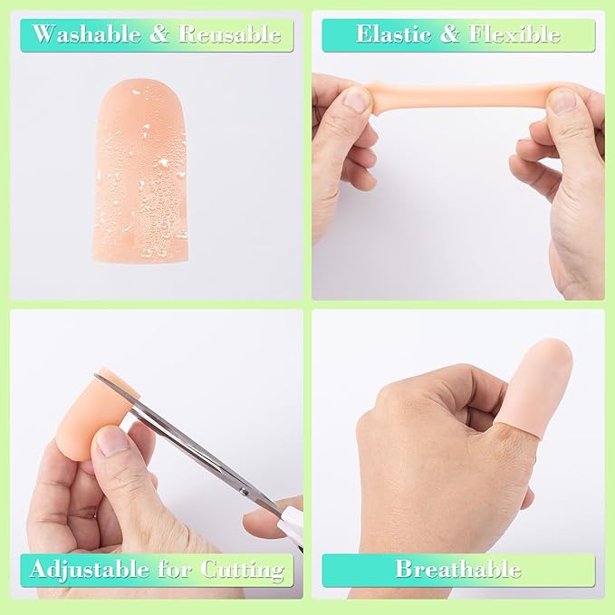 PAGOW 10pcs Gel Finger Cots/Covers, Silicone Finger Protector Support, Finger Caps Finger Sleeves Thumb Protector for Finger Cracking Trigger Finger Arthritis Pain Relief (Beige, Short)