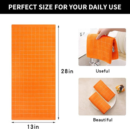 Homaxy 100% Cotton Terry Kitchen Towels(Orange, 13 x 28 inches), Checkered Designed, Soft and Super Absorbent Dish Towels, 6 Pack