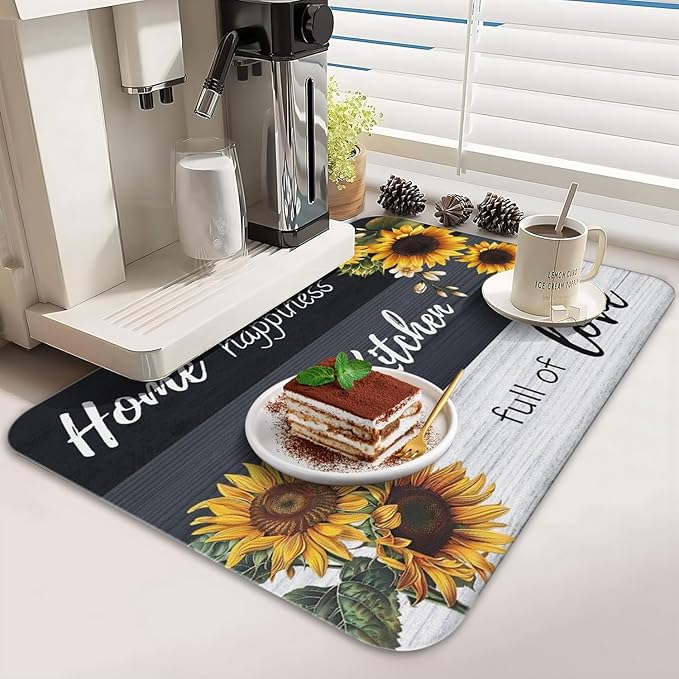 Dish Drying Mat for Kitchen Counter 2 Pack with Non-Slip Rubber Backing - Heat-Resistant Absorbent Coffee Bar Mat, Dish Rack Mat, Sunflower Dish Drying Mats 18x24+19.5x12 inch