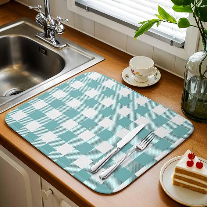 Dish Drying Mat Teal Green White Check Plaid Drying Mats for Kitchen Counter Farmhouse Style Absorbent Microfiber Dish Drainer Quick Drying Coffee Mat with Hanging Loop, 16 x18 inch