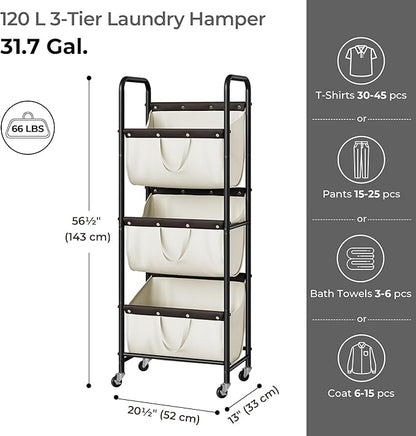 GRANNY SAYS 3 Tier Laundry Sorter, Laundry Basket with Wheels, Laundry Room Organization and Storage, 3 Section Rolling Laundry Cart for Dorm, Bathroom, Bedroom, Closet, Beige