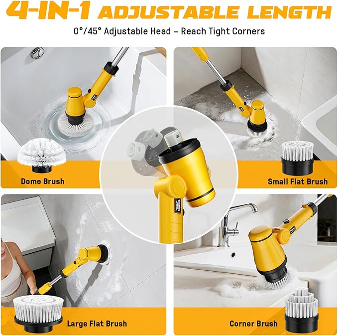 Electric Spin Scrubber Kit with 2.0Ah Battery and Charger, Ecarke 1100RPM Cordless Cleaning Brush 4-Stage Handle, 8 Cleaning Heads for Bathroom/Floor/Tub/Tile, 2 Speeds (680-1100 RPM)
