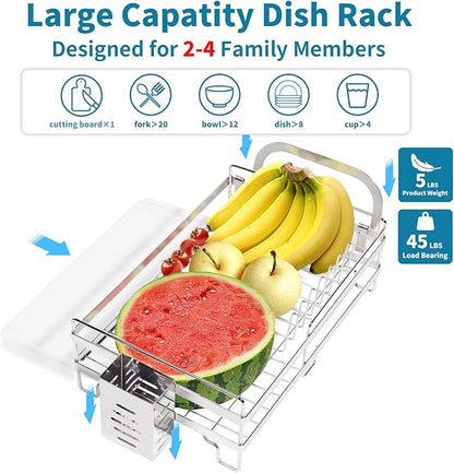 Stainless Steel Dish Racks for Kitchen Counter - Large Dish Drying Rack with Pull Drain Tray, Over The Sink Dish Drainer Drying Rack for Small Spaces, Durable for Countertop Sink