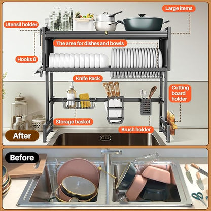 Over The Sink Dish Drainer Drying Rack 3 Tiers with Cover, Keep Kitchen Sink Shlef Organized Space-Saving Dish Drying Rack, Large Stainless Steel Sink Drying Rack for Dishes, Bowls, Cutlery (33.4"W)