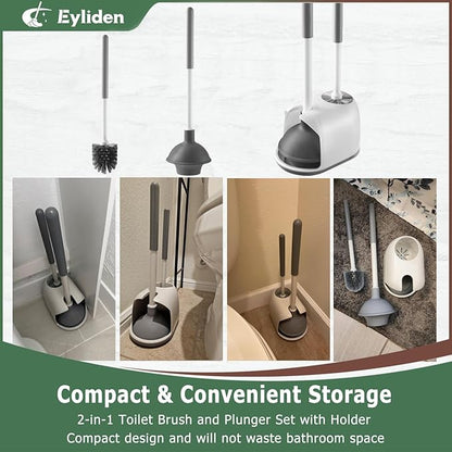 Eyliden Toilet Plunger and Brush, 2 in 1 Toilet Bowl Brush Plunger Set with Holder, Bathroom Cleaning Tools Combo with Caddy Stand, Nylon Bristles, Shatter-Resistant Plastic, White