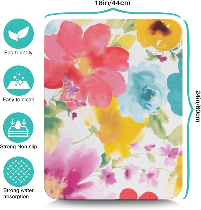 Dish Drying Mat, 24x18in, Watercolor Flower, Nylon, Diatomite, Rubber Backed, Absorbent, Quick Dry, Non-Slip, Wide Use