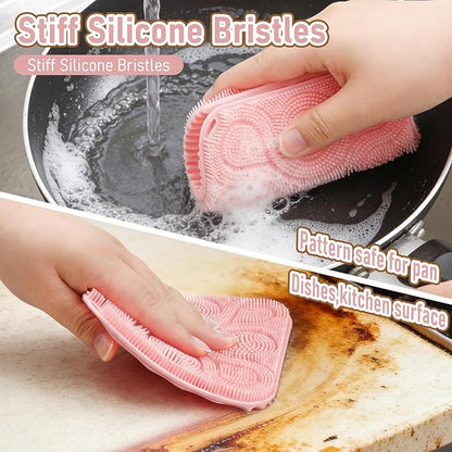 Silicone Sponge 3 Pack Dish Scrubber Sponges Pad Reusable & Long Lasting, Silicone Kitchen Scrubber with Sponge, Non-Scratch Dishwashing Gloves with Bristles for Fruits Vegetables House Cleaning Pink