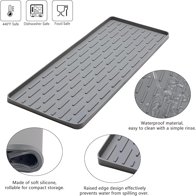 Silicone Coffee Mat, 16"X7" Heat-Resistant,Eco-friendly,Hygienic Drying Pad,Leak-Proof and Non-Slip,Removable Silicone Mat with Concave and Convex Design,（Gray 16X7）